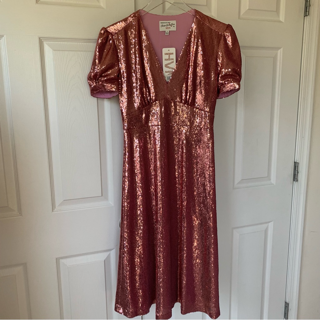 Hvn Paula Deep V Neck Sequin Puff Sleeve Midi Dress Pink — image 7 of 8